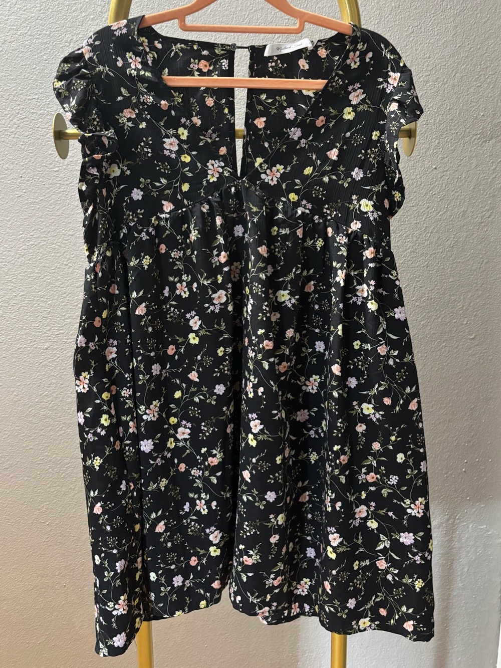 Mustard Seed Black Floral V-Neck Ruffle Sleeve Mini Dress